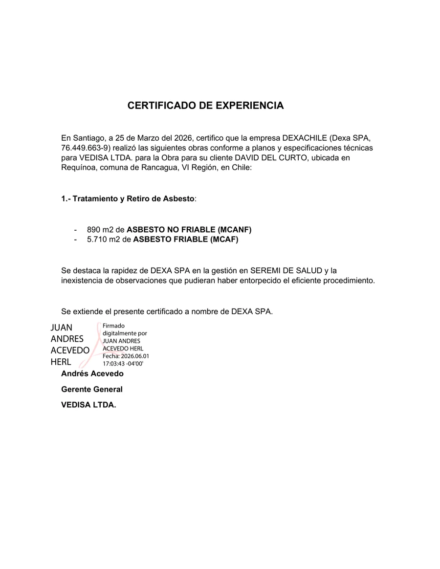 Certificado de experiencia de VEDISA · David del Curto