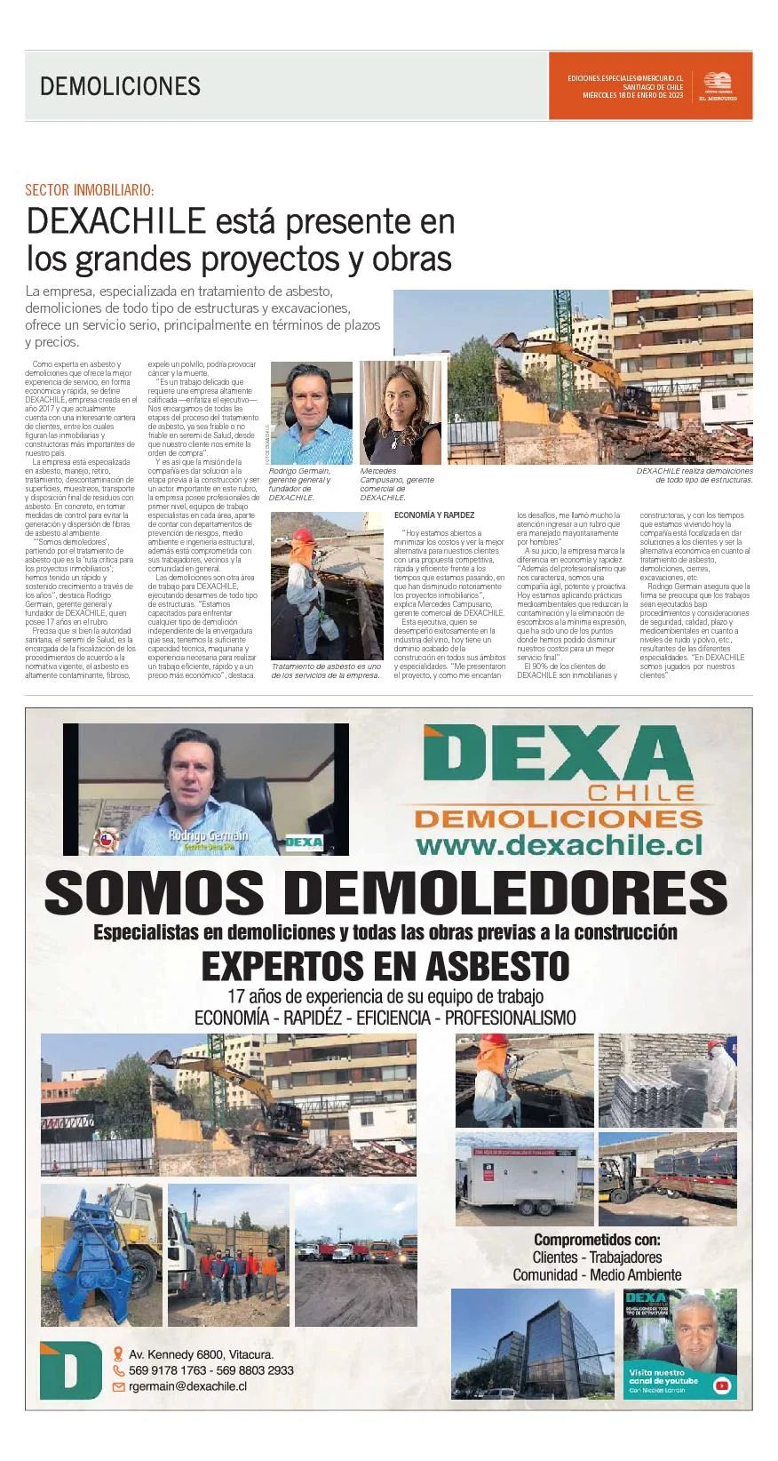 Página de El Mercurio, cuerpo Demoliciones: DEXACHILE está presente en los grandes proyectos y obras